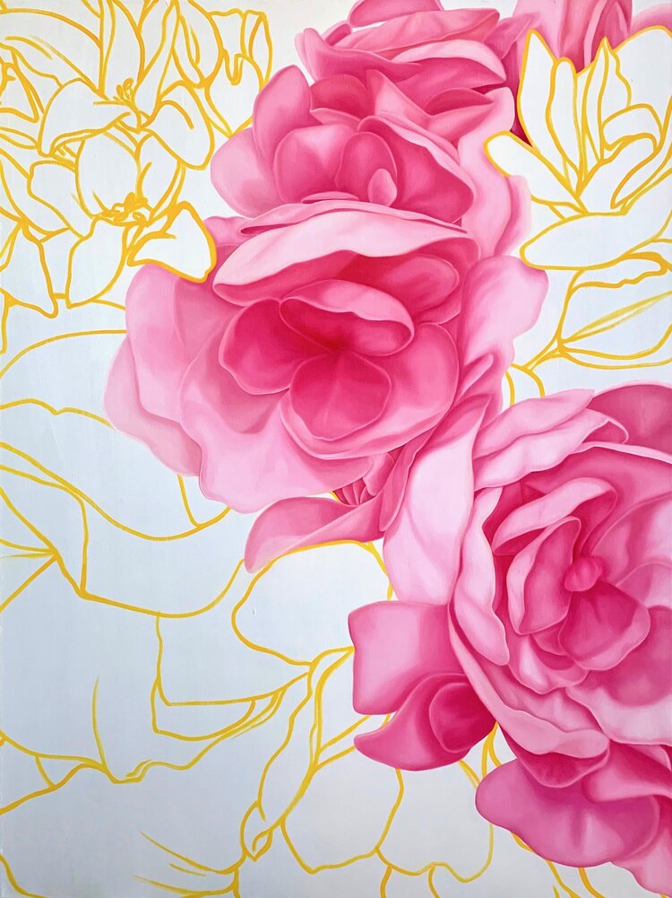 A painting of hydrangea light by Susie Kwiatkowski. The background is several different shades of pink  swirled together to complement the color of hydrangea.