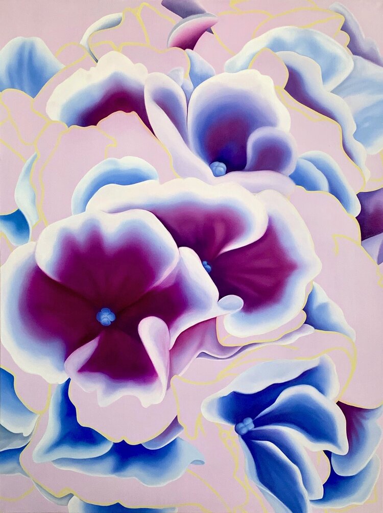 A painting of hydrangea light by Susie Kwiatkowski. The background is several different shades of blue and purple swirled together to complement the color of hydrangea.